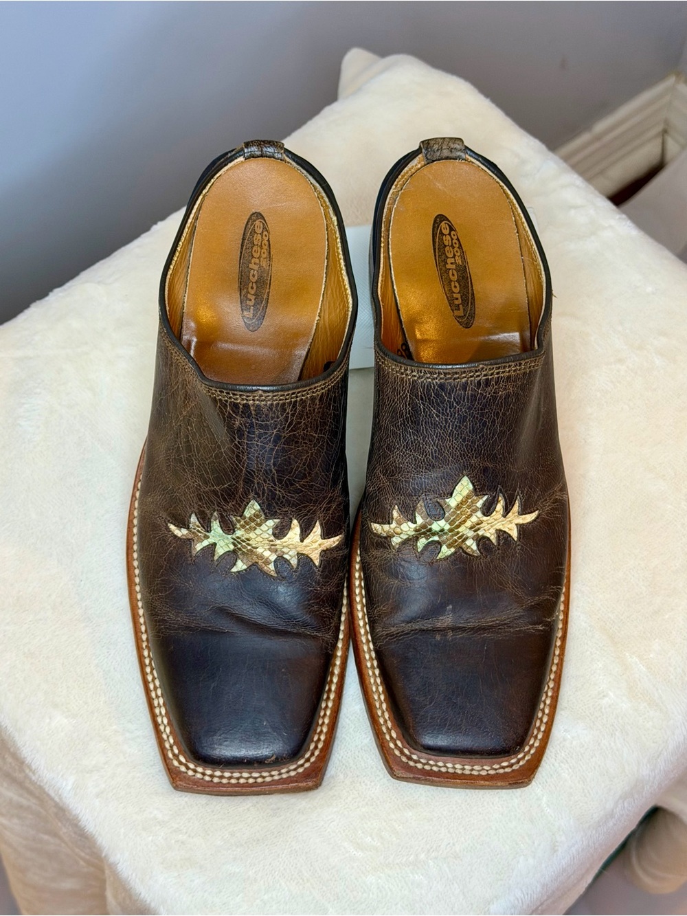 Vintage Lucchese 2000 Brown Leather Slip-On Western Loafers with Caimen Inlay